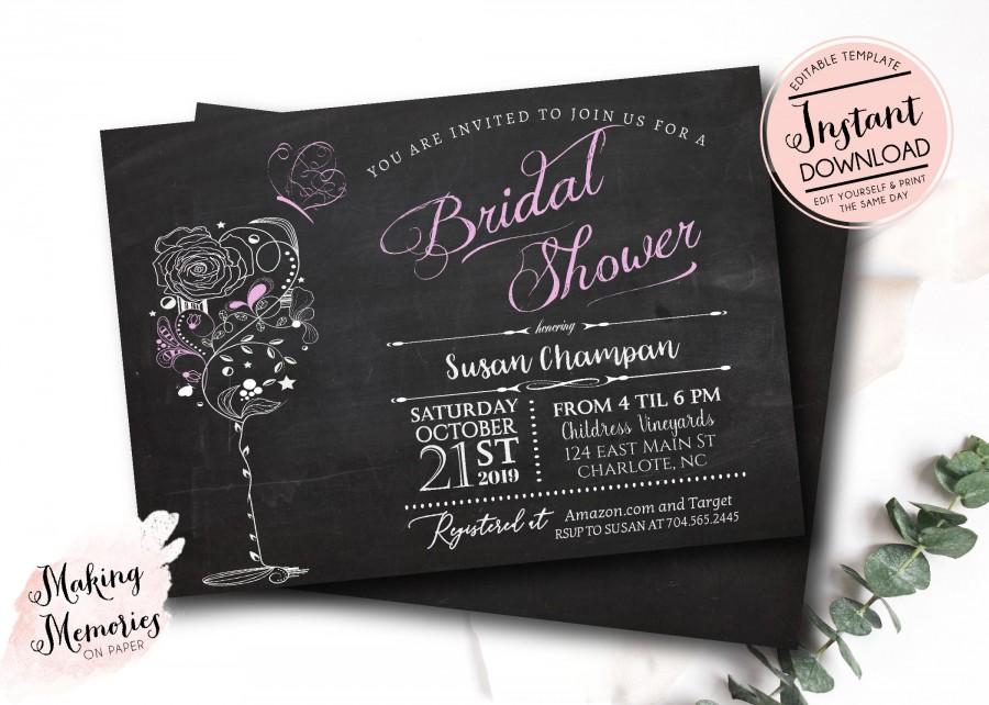 Hochzeit - Wine & Butterfly Bridal Shower Printable Invitation, Wine BRidal Shower, Brunch and Bubbly, Wedding Shower, Wine Tasting, Hen party