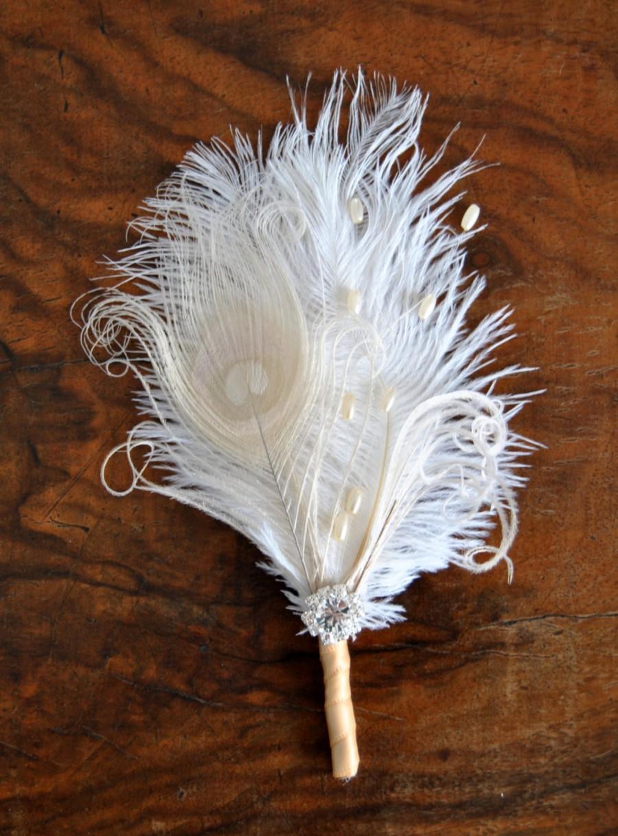 Hochzeit - Crystal Groom boutonniere Ostrich Feather Bridal Ivory Gatsby 1920s groomsmen boutonnire wedding groom feathers boutonniere button hole gift