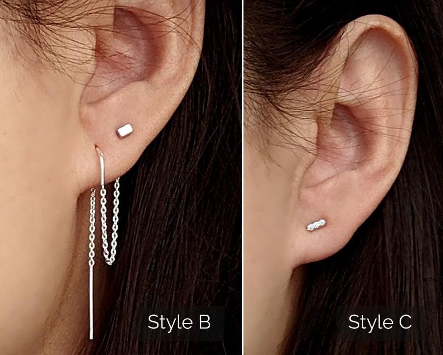 Hochzeit - 2-in-1 Double piercing earrings Sterling silver threader earrings/Tiny CZ bar studs earrings Geometric cube earrings Two hole connected lobe