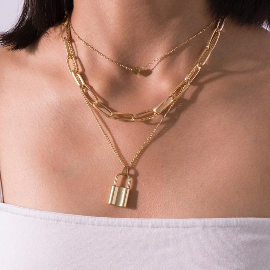 زفاف - Multi-Layer Lock Pendant Rectangle Cable Chain Necklace - Gold Silver Tone Lock and Heart Charm Choker Necklace - Fashion Statement Jewelry