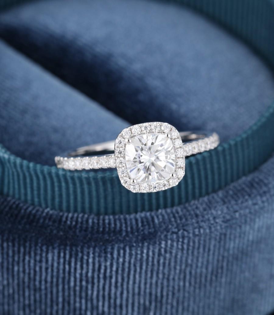 زفاف - Cushion cut Moissanite engagement ring Solid 14K white gold Halo Unique engagement ring vintage Half eternity wedding Bridal gift for women