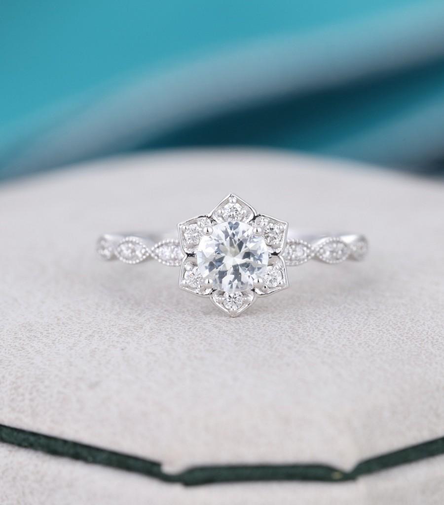 زفاف - White sapphire engagement ring white gold Flower engagement ring vintage Unique Half eternity diamond wedding women Bridal Anniversary gift