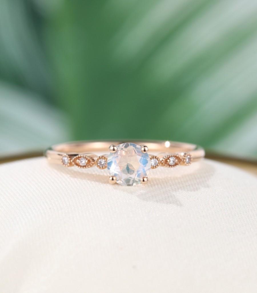 Mariage - Rose gold moonstone engagement ring Unique Simple engagement ring miligrain engagement ring Promise Diamond wedding Anniversary gift for her