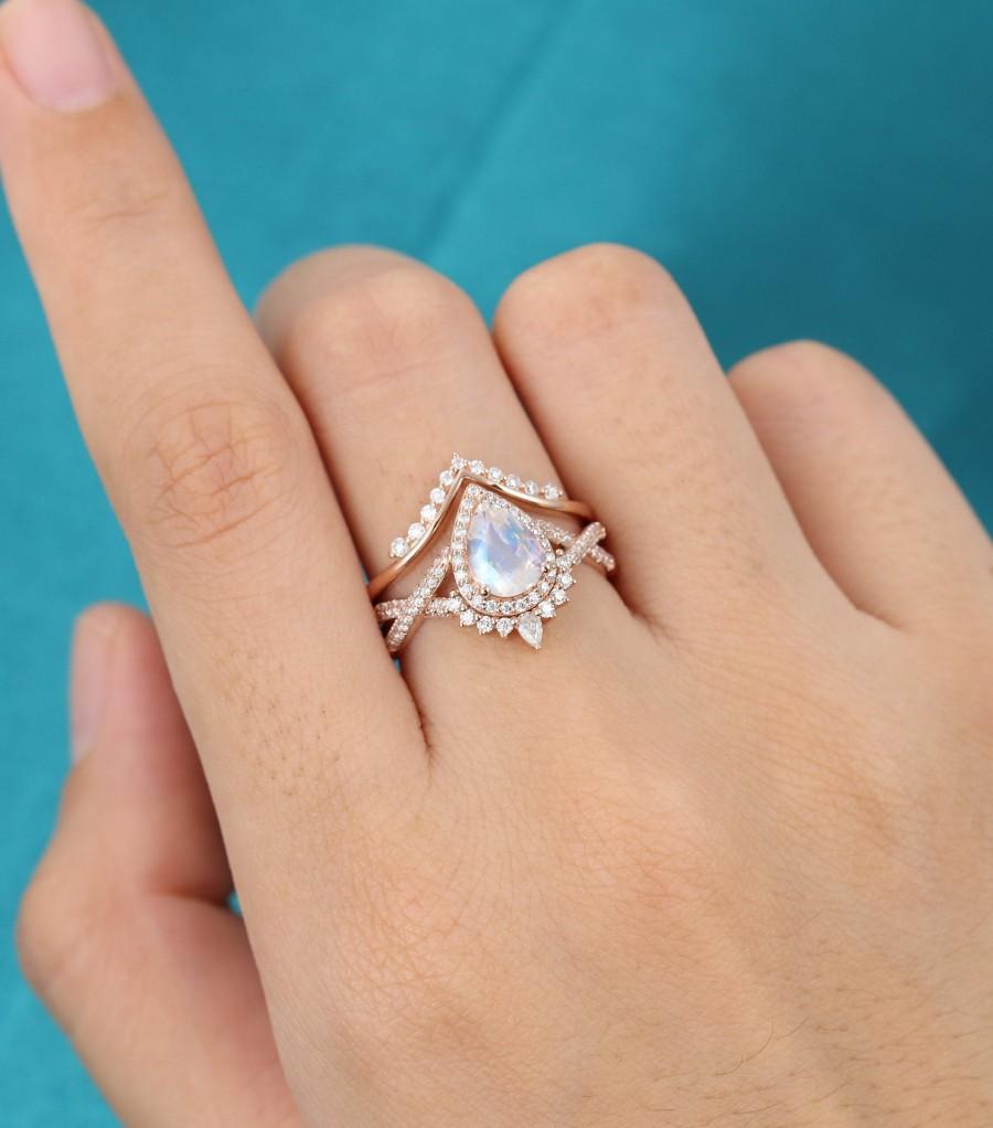Hochzeit - Pear shaped Moonstone engagement ring set Rose gold engagement ring vintage Unique Art deco moissanite wedding Anniversary gift for women