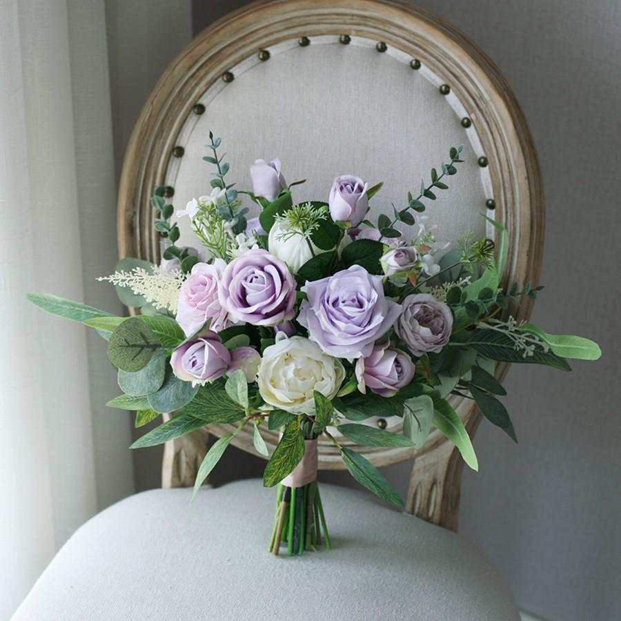 زفاف - Lavender Bridal Bouquet, Classic White and Dusty Purple Rose Wedding Bouquet, Rustic Boho Flower Bouquet,  Design in Rose and Peony