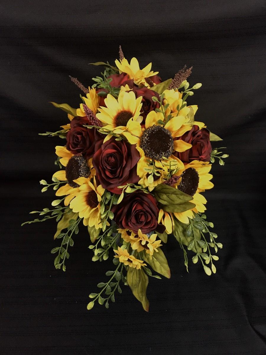 Hochzeit - Sunflower and Red Rose Cascading Bridal Bouquet