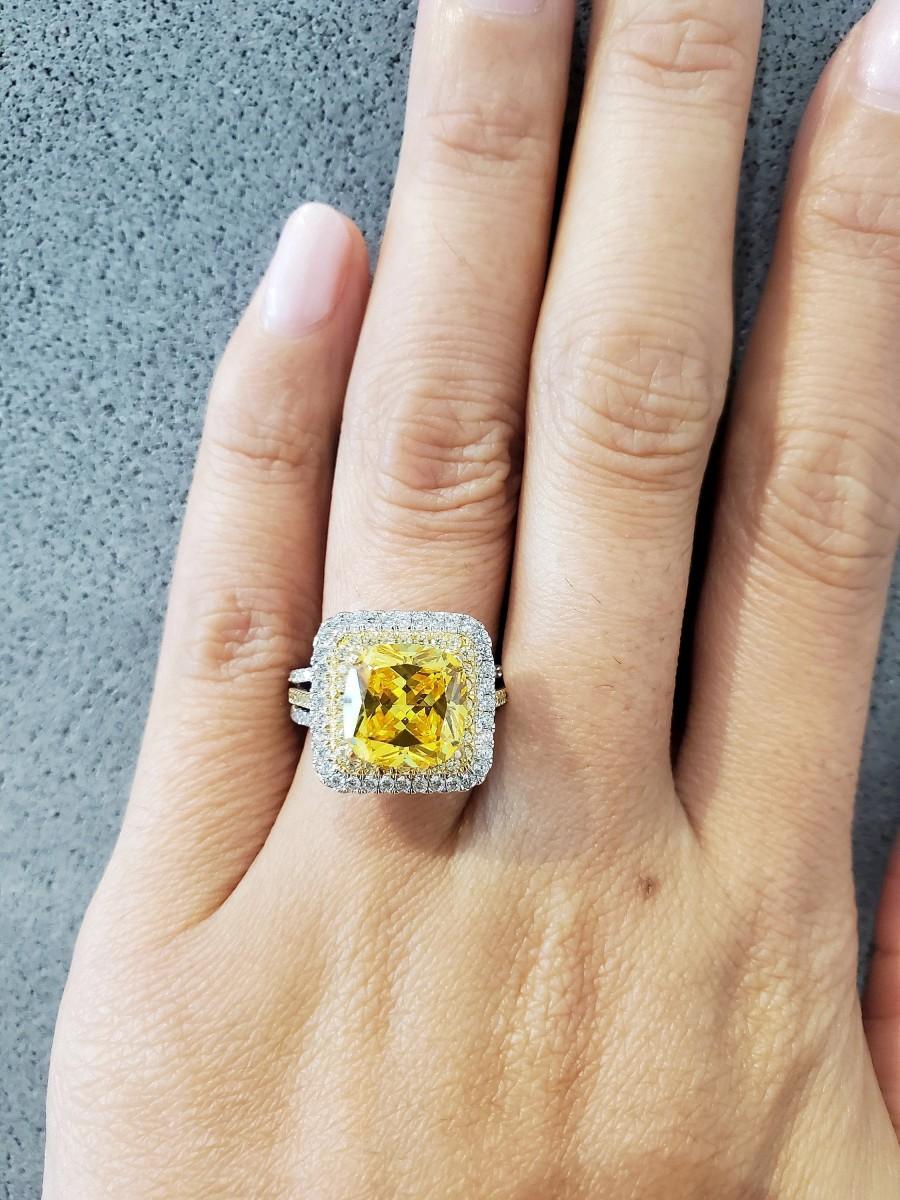 Свадьба - 3 Carats (9 mm) Two Tone Double Halo Engagement Rings/ Promise Ring / Statement Ring, Yellow Cushion Cut Man Made Diamond Ring, 3 bands ring