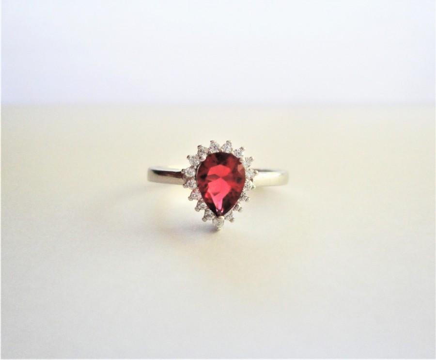 Hochzeit - Pear cut lab Ruby Rosette Ring. 925 Sterling Silver Engagement Solitaire Ring with round cut lab Diamonds. Wedding Prom Bridesmaid Bridal.