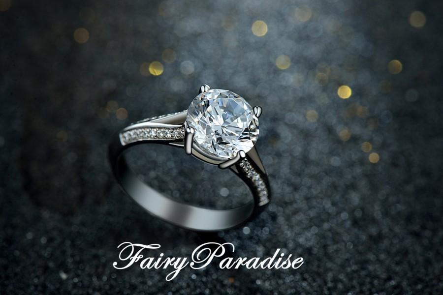 زفاف - 3 Carats Split Shank Solitaire Engagement Ring/ Wedding Ring/ Promise ring/ bridal rings, Round Man Made Diamond Simulant, Sterling Silver