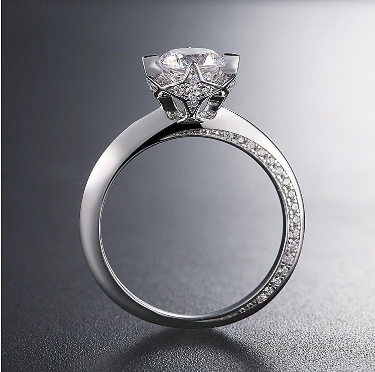 زفاف - Celestial Jewelry, Moon and Star Ring, 1 carat engagement ring/ Promise ring for her, Sterling silver anniversary rings, Man made diamond