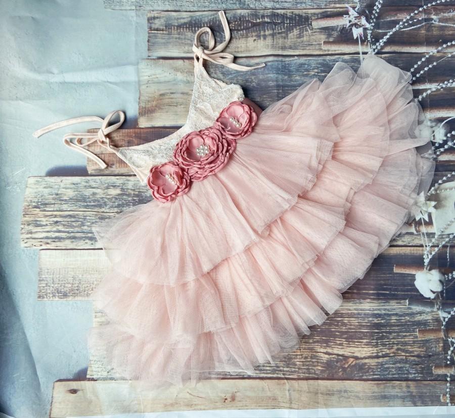 زفاف - Blush Flower girl dress, birthday party dress, ,Baby toddler dress, tulle tutu flower girl dress, mauve flower sash dress