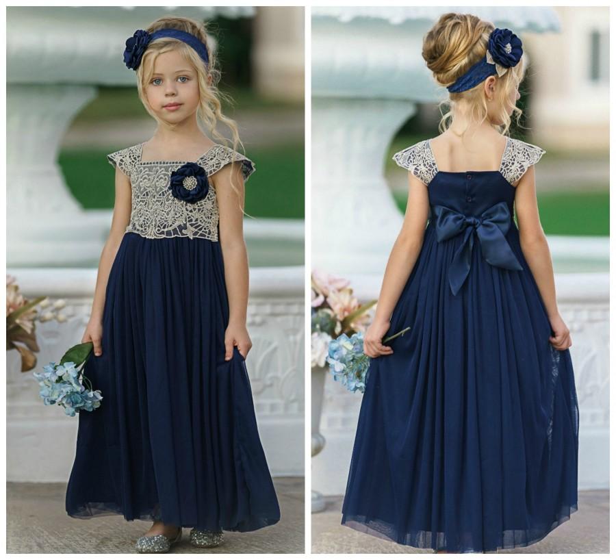 Mariage - Navy Lace Flower girl dress, Tulle Rustic flower girl dress, Christmas dress, Flower girl dresses, Navy Gold dress, baby girl lace dress