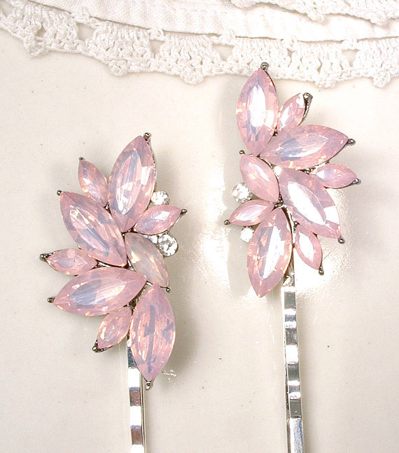 Wedding - Blush Pink Opal Bridesmaid Hair Pin Set 2 4, Rose Rhinestone Silver Leaf Bridal Bobby Pins, Bridesmaid Gift, Vintage Wedding Clips Romantic