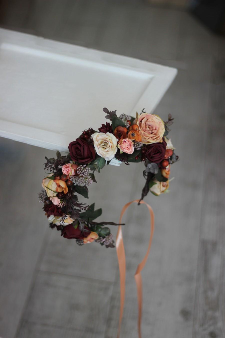 Hochzeit - Burgundy orange flower crown Fall wedding  Floral headpiece Bridal headband Maternity crown
