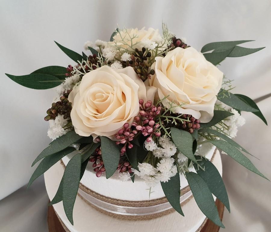 Wedding - Rustic Rose Cake Topper Champagne/Cream Silk Fake Flowers