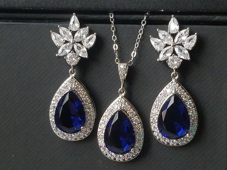 زفاف - Blue Sapphire Halo Crystal Bridal Set, Navy Blue Earrings&Necklace Jewelry Set, Wedding Royal Blue Teardrop Set, Blue Crystal Bridal Jewelry