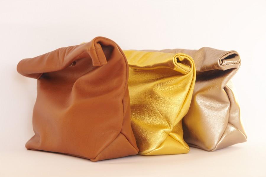 زفاف - Leather roll down clutch Leather lunch bag clutch Leather folded bag Leather statement purse Paper bag bridesmaids clutch