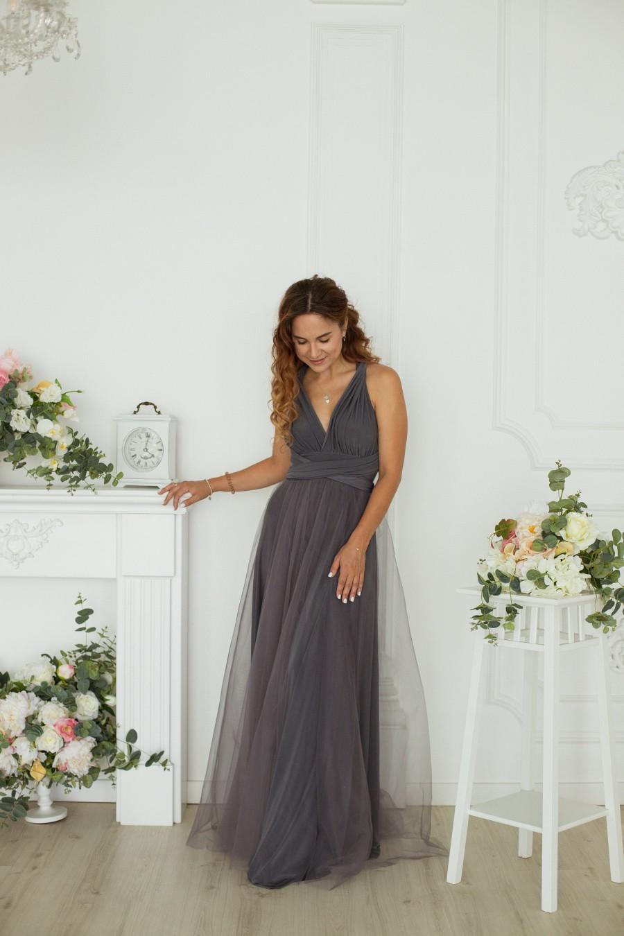 Hochzeit - Gray Bridesmaid dress, dark gray infinity tulle dress,  gray convertible dress,  multiway dress, dark gray tulle dress, maxi dress, gray