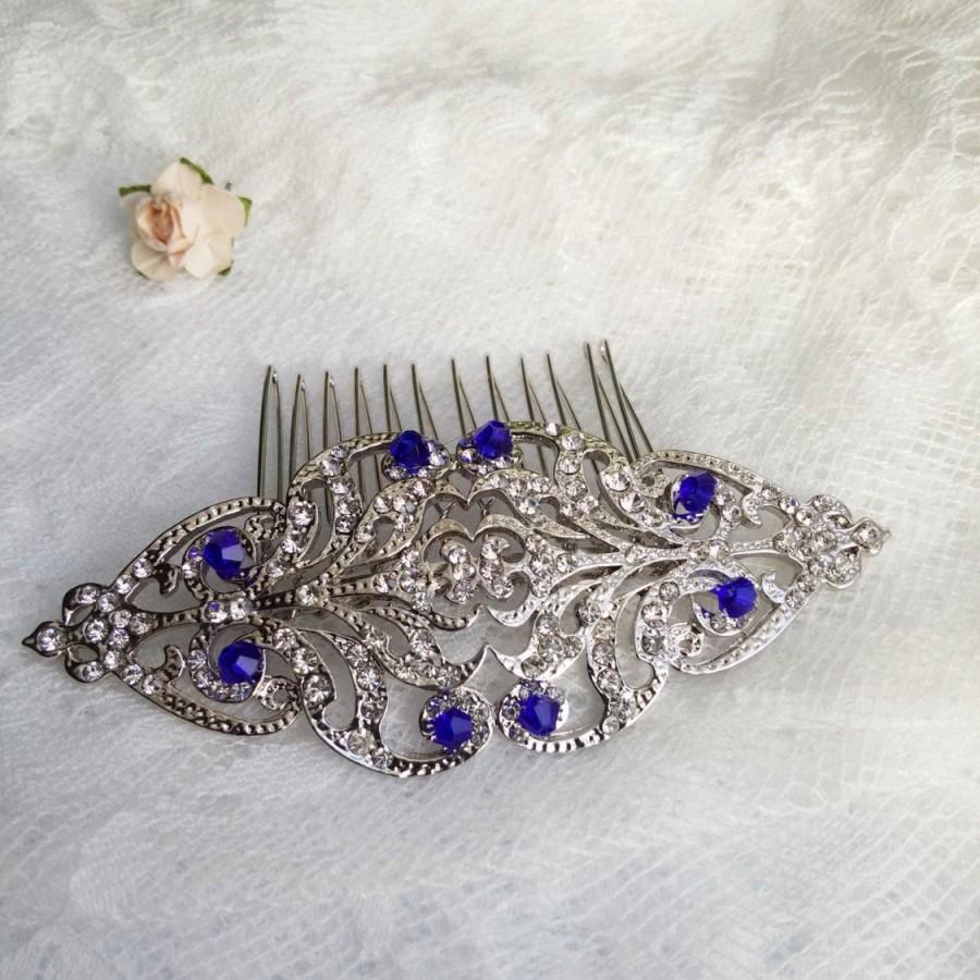 زفاف - Victorian silver sapphire blue crystal Hair Comb, vintage styled headpiece, bridesmaid hair pin,  bridal blue comb, Edwardian headpiece 43