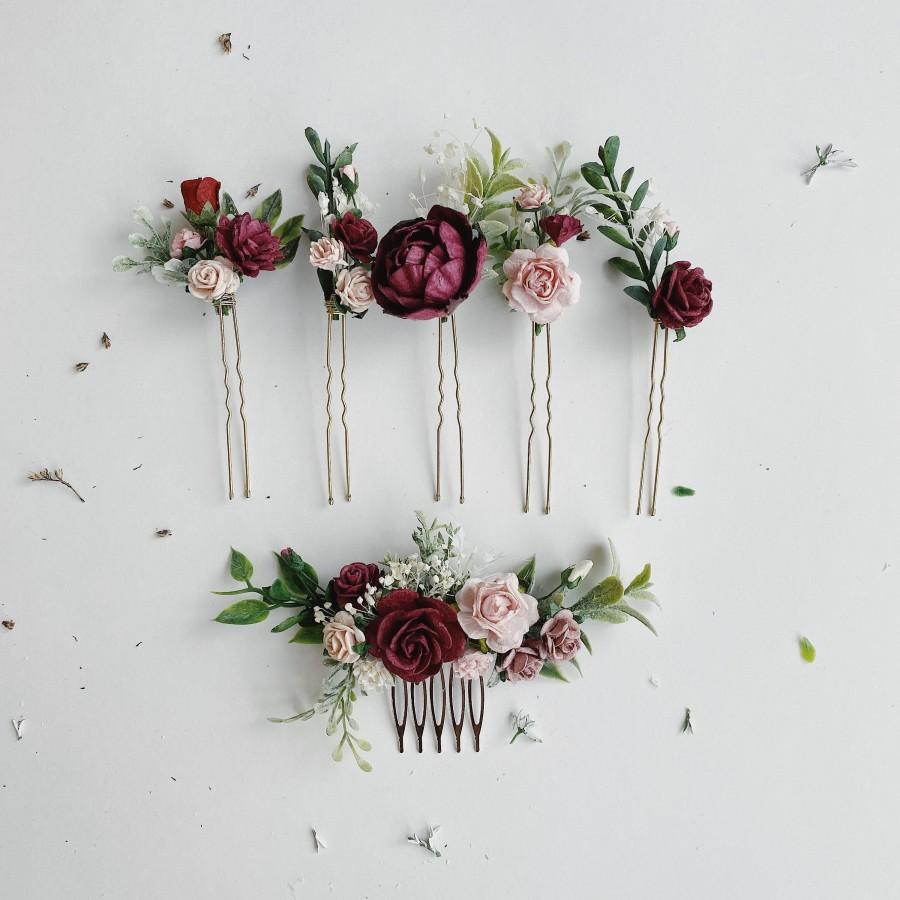 Hochzeit - Flower hair pins, Maroon Blush pink hair flowers, set of hair pins, bridal hair piece purple, Burgundy hair pins hair comb wedding, hair pie