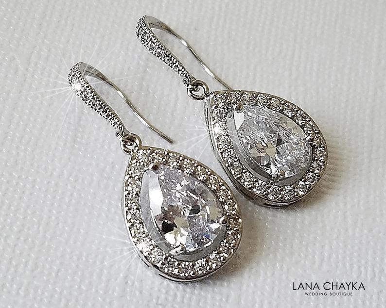 Hochzeit - Teardrop Crystal Bridal Earrings, Wedding Cubic Zirconia Silver Earrings, Bridal Halo Earrings, Wedding Crystal Jewelry, Bridal CZ Jewelry