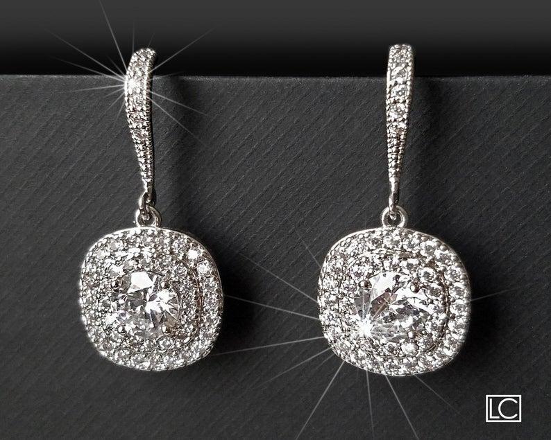 Wedding - Crystal Bridal Earrings, Wedding Cubic Zirconia Halo Earrings, Square Crystal Earrings, Sparkly Earrings, Bridal Jewelry, Wedding Jewelry