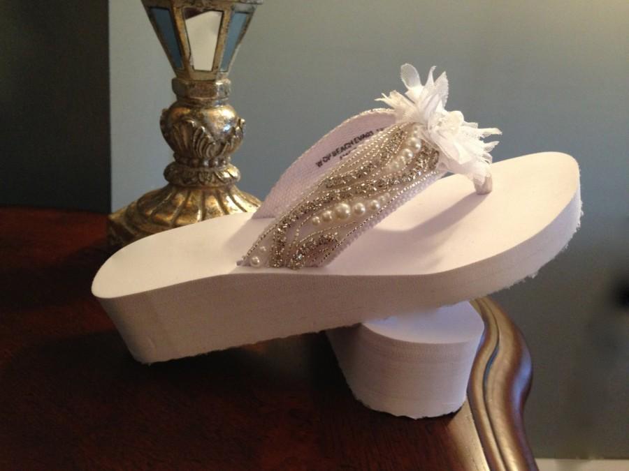 Wedding - Bridal Wedge Encrusted Straps Ivory White Bling Flip Flop Wedding Party Prom Pearl Rhinestones Crusted Straps