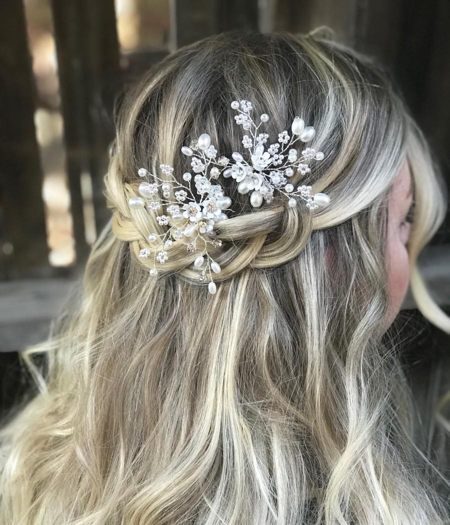 زفاف - Bridal Pearl Hair Pin, Flower Hair Pin, Silver Hair Accessory, Bridal Hair Accessory, Wedding Hair Clip