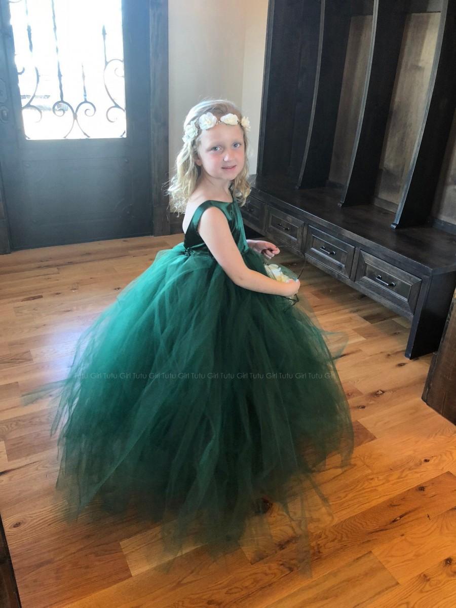 Wedding - Hunter Green Flower Girl Dress Emerald Green, Forest Green Tutu Dress, Tulle Gown - Sleeveless Style