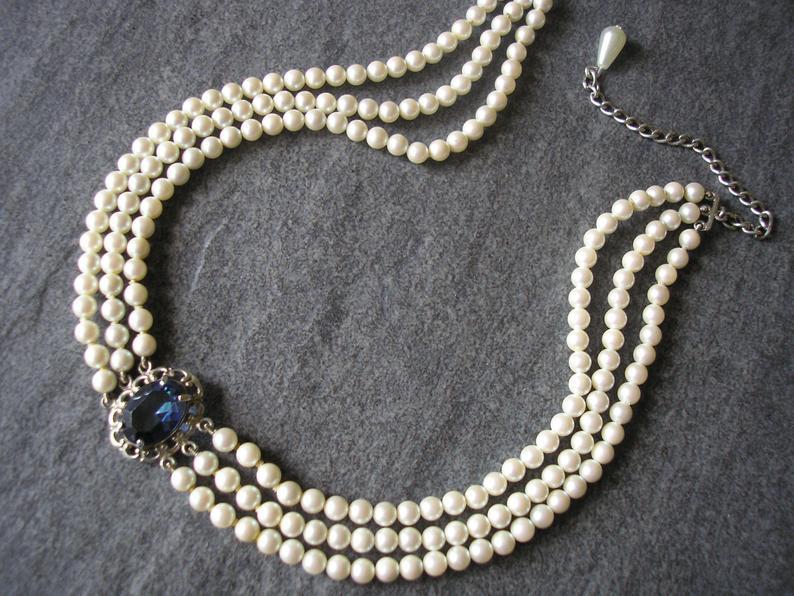 Wedding - Vintage Pearl Choker, Osaki Pearls, Pearl Choker With Montana Sapphire Pendant, 3 Strand Pearls, Ivory Pearls, Sterling Silver, Bridal Pearl