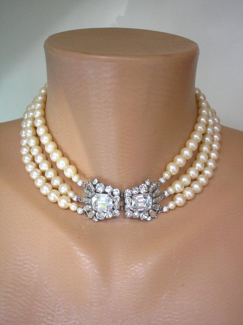 زفاف - Art Deco Style Pearl Choker, Vintage Pearl Choker, 3 Strand Pearls, Cream Pearls, Pearl Bridal Choker, Wedding Pearls, Downton Abbey Jewelry