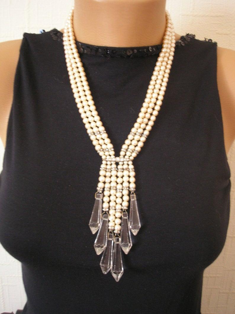 زفاف - Art Deco Pearl Necklace, Vintage Pearl Necklace, Abbey Jewellery, Gatsby Wedding, Deco, 3 Strand Pearls, Long Pearl Necklace, 1920s