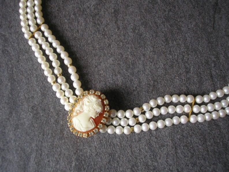 Hochzeit - Vintage Cameo Pearl Choker, Pink Cameo Necklace, 3 Strand Pearl Choker, White Pearl Choker, Downton Abbey Jewellery, Cameo Jewelry