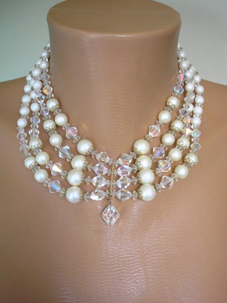 زفاف - Vintage Pearl And Crystal Choker, Vintage Bridal Pearls, Pearl Choker, Wedding Jewelry, Pearl Collar, 1950, 4 Strand Pearls, Satin Pearls