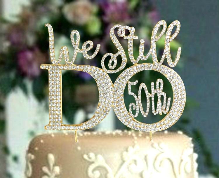 50th Silver and Gold Anniversary Vow Renewal Cake Topper made with Rhinestones 