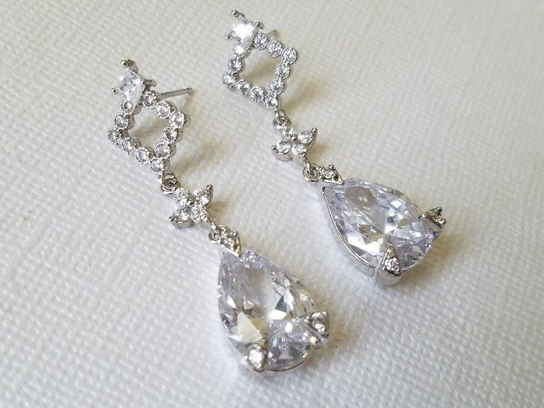 Hochzeit - Crystal Bridal Earrings, Cubic Zirconia Teardrop Silver Earrings, Crystal Dangle Earrings, Wedding Jewelry, Statement Bridal CZ Earrings