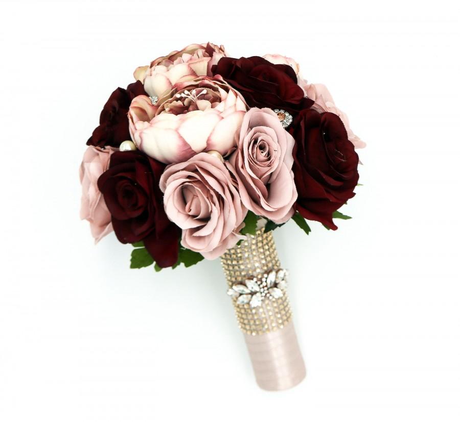 Mariage - Dusty Rose and Rose Gold Wedding Bouquet, Wine Bridal Bouquet, Bridesmaids Bouquets, Artificial Wedding Flowers, Roses, Peonies, Rhinestones