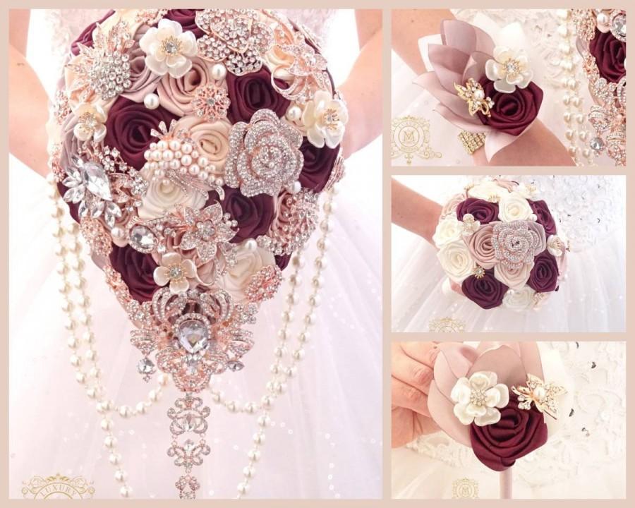 زفاف - Rose Gold burgundy brooch bouquet