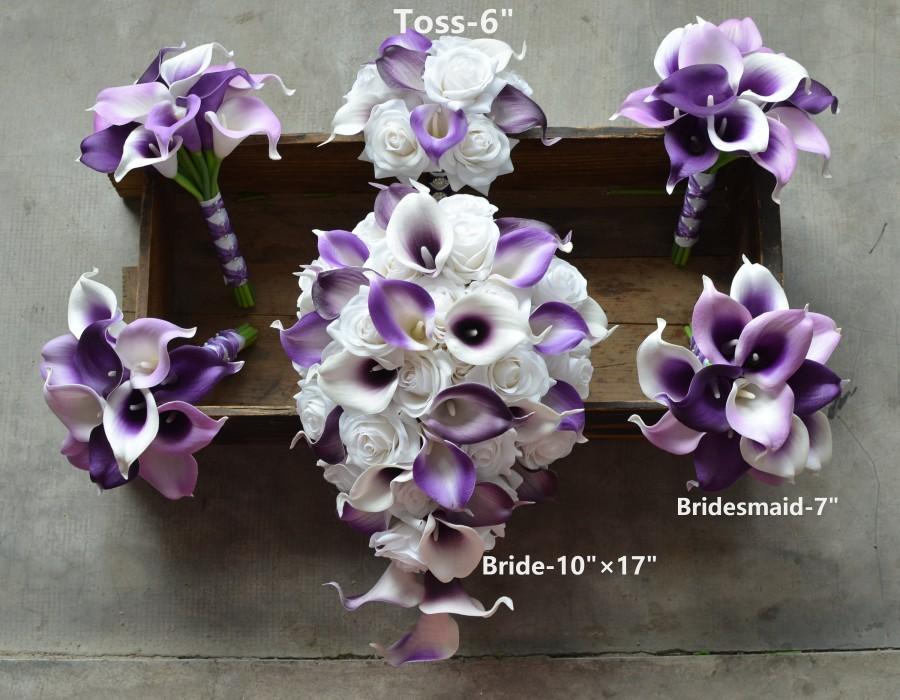 زفاف - Purple Bridal Bouquets, Bridesmaids Bouquets, Plum Bouquet, Real Touch Calla Lilies, White Roses, Royal Purple Lilac Bouquets