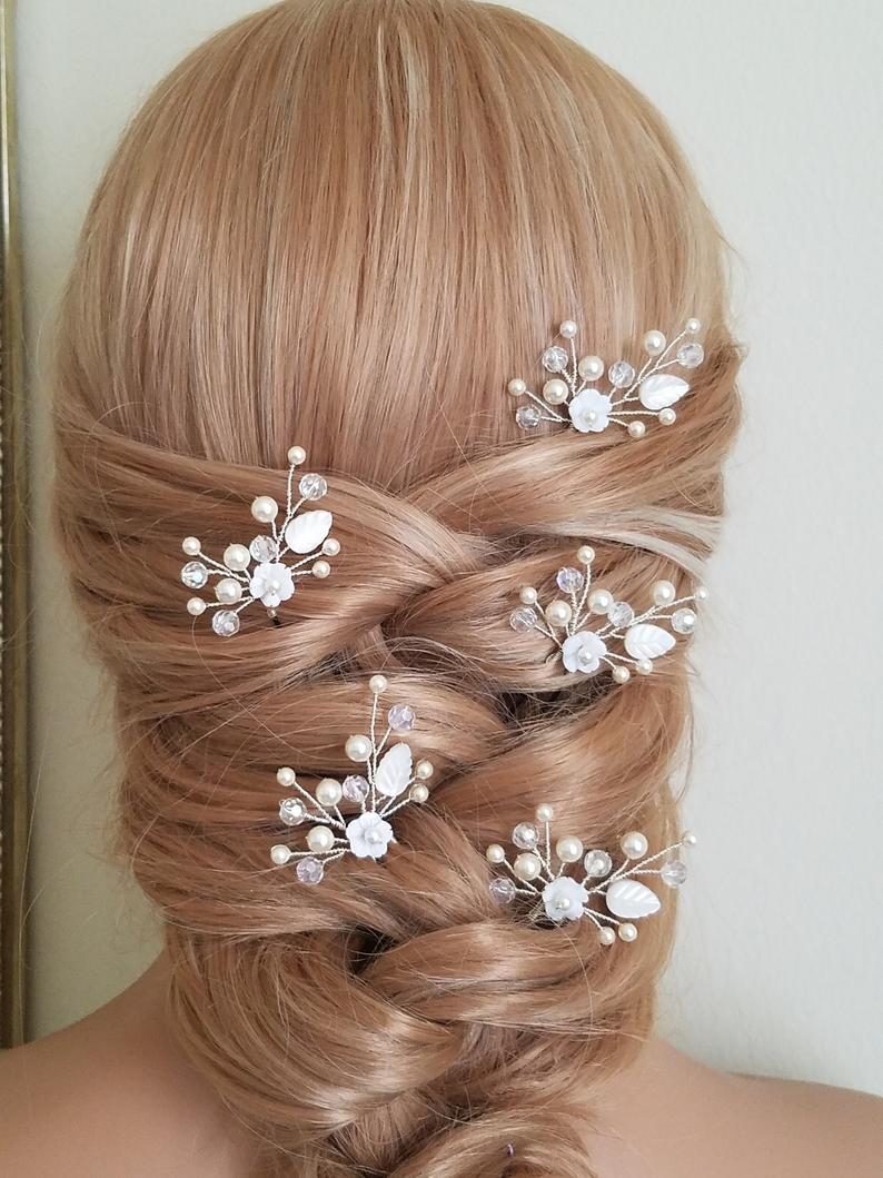 Hochzeit - Pearl Crystal Bridal Hair Pins, Set of 5 Pearl Hair Pins, Swarovski Ivory Pearl Hair Pieces, Bridal Floral Hair Jewelry, Crystal Pearl Pins