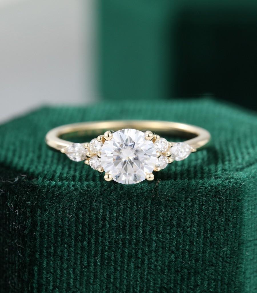 Wedding - Moissanite engagement ring vintage Unique Yellow gold engagement ring for women Marquise Cluster diamond wedding Bridal Anniversary gift