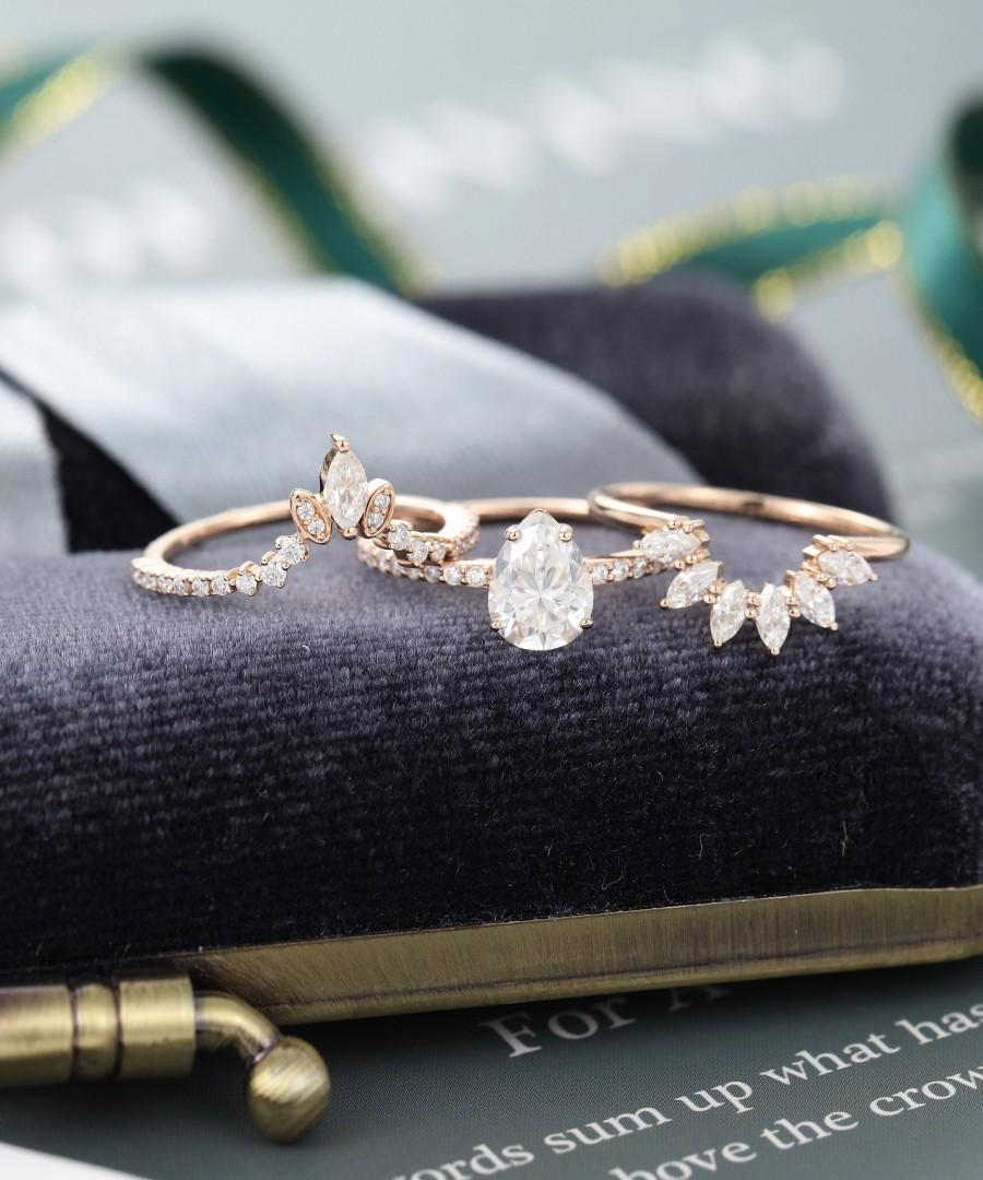 زفاف - Moissanite engagement ring set vintage Pear shaped Unique Rose Gold Marquise cut wedding rings for women Bridal Promise Anniversary gift