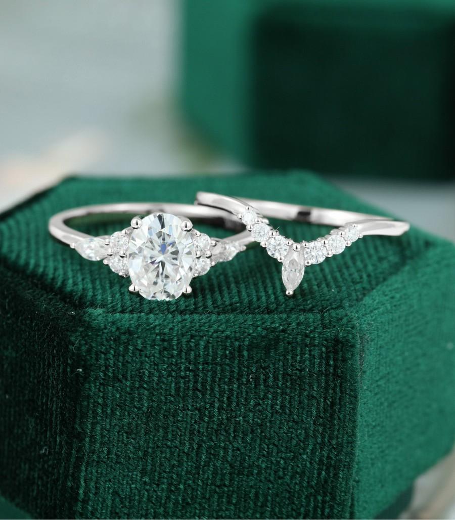 زفاف - Oval Moissanite engagement ring set white gold vintage unique engagement ring for women Marquise cut diamond wedding Bridal Anniversary gift