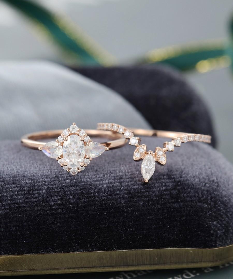 Wedding - Moissanite engagement ring set Rose gold Oval cut Unique Halo Diamond engagement ring pear shaped moonstone wedding ring Curved wedding band