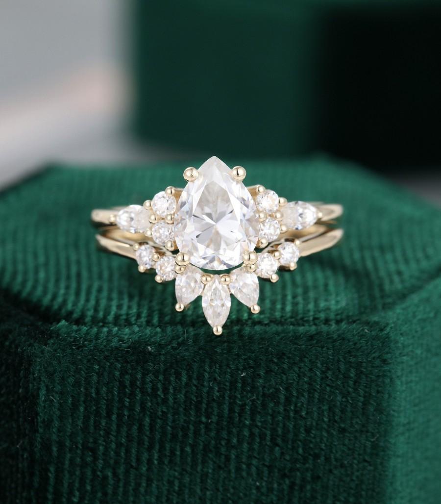 زفاف - Pear shaped cut Moissanite engagement ring set vintage unique yellow gold engagement ring for women Marquise cut diamond wedding Bridal gift