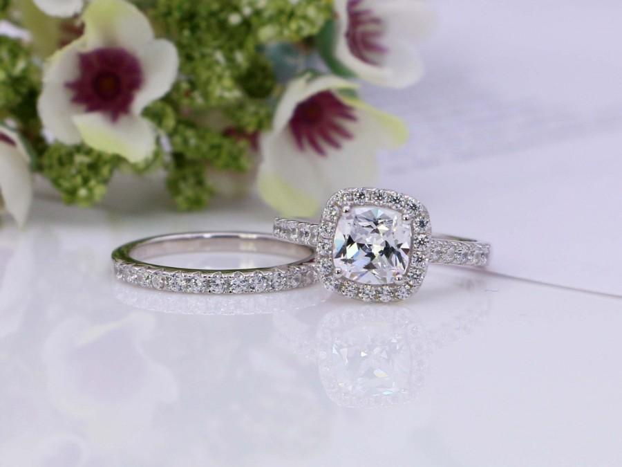 Hochzeit - 2.0ct Halo Engagement Ring, Wedding Ring Set, Sterling Silver Wedding Ring, Cushion Cut Ring, Cubic Zirconia Ring