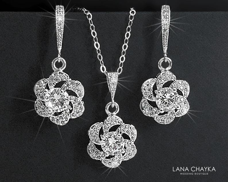 Mariage - Crystal Bridal Jewelry Set,Cubic Zirconia Earrings&Necklace Set, Camellia Wedding Jewelry Set, Floral Crystal Set, Bridal Jewelry, Prom Set