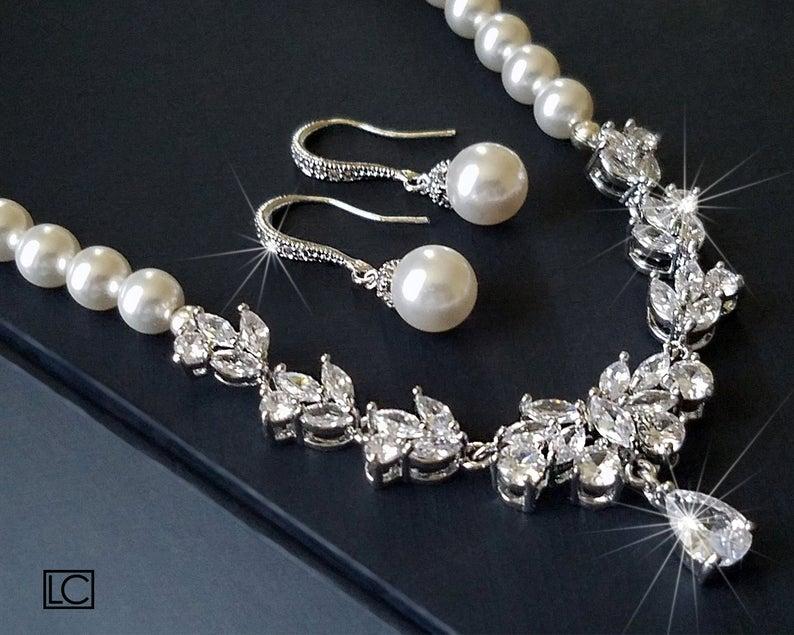 Wedding - Pearl Bridal Jewelry Set, Swarovski White Pearl Earrings&Necklace Set, Pearl Cubic Zirconia Jewelry Set, Wedding Jewelry, Statement Necklace