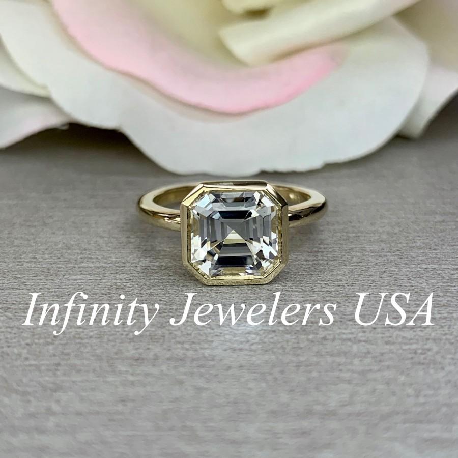 Wedding - Asscher Cut Engagement Ring / White Sapphire Ring / Bezel Set Solitaire Ring / 14k Yellow Gold / #6310