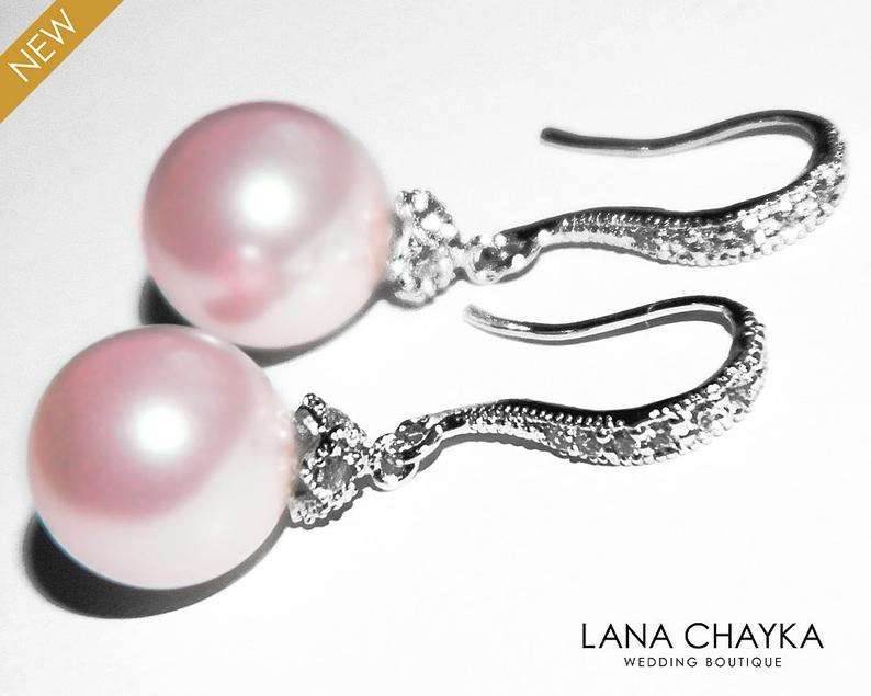 زفاف - Pink Pearl Drop Earrings, Swarovski 10mm Rosaline Pink Pearl CZ Silver Earrings, Blush Pink Pearl Wedding Earrings Bridal Bridesmaid Jewelry